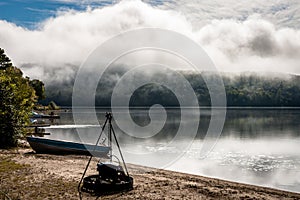 Evening misty view of a lake in Quebec country