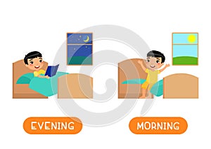 Evening and morning antonyms word card, opposites concept.