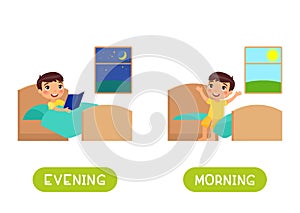 Evening and morning antonyms word card vector template. Opposites concept.