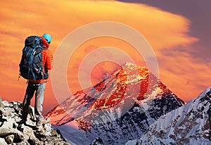 Evening Mount Everest from Gokyo valley and tourist photo