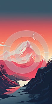 Evening Mountainscape With Moon: Crisp Neo-pop Illustration