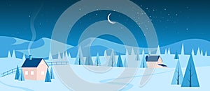 Evening or night village winter landscape,snow covered houses, silhouettes of pine trees