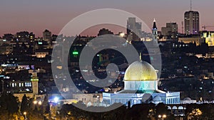Evening in Old City, Temple Mount with Dome of the Rock timelapse view from the Mt of Olives in Jerusalem
