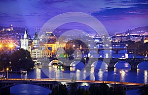 Evening over river Vltava near Charles bridge in Prague