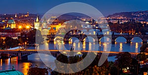 Evening over river Vltava near Charles bridge in Prague