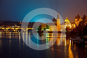 Evening over river Vltava near Charles bridge in Prague