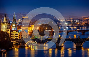 Evening over river Vltava near Charles bridge in Prague