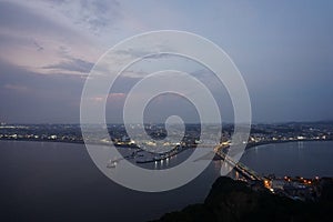 Evening over the sea. Bridge connecting Enoshima Island to mainland, Japan