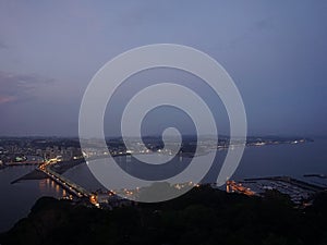 Evening over the sea. Bridge connecting Enoshima Island to mainland, Japan