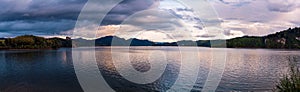 Evening panorama of the Czorsztyn Lake. Beautiful colors of the sky. Czorsztyn, Poland