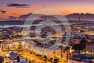 Evening panorama of Lisbon, Portugal. Picturesque sunset over the Portuguese Capital