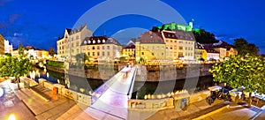 Evening panorama of Ljubljana river, architecture and castle