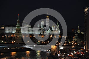 Evening panorama of the Moscow River, the Kremlin of the Big Stone Bridge. View from the Patriarchal bridge. Autumn in Moscow.