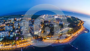 Evening panorama of the seaside resort of Gelendzhik. View of the Thick Cape and lighthouse. See the beach and the promenade