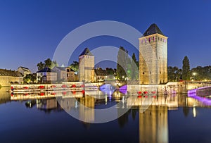 Evening panorama of Strasbourg, the medieval bridge Ponts Couverts