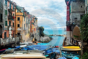 Evening panorama of the town of Riomaggiore