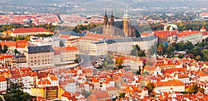 Evening panoramic aerial view of Prague Castle complex in Czech Republic