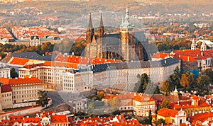 Evening panoramic aerial view of Prague Castle complex in Czech Republic