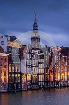 Evening panoramic view of the famous historic center in Amsterdam, Netherlands