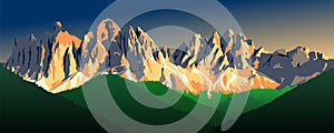 evening panoramic view of Geislergruppe or Gruppo dele Odle, vector illustration, Alps Dolomites mountains photo