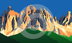evening panoramic view of Geislergruppe or Gruppo dele Odle, vector illustration, Alps Dolomites mountais
