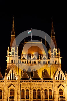 Evening photo of the Parliament building in Budapest.The majestic Saxon architecture is illuminated with warm yellow light