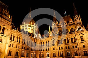 Evening photo of the Parliament building in Budapest.The majestic Saxon architecture is illuminated with warm yellow light