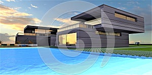 Evening pool. Cloudy sunset. Courtyard of a wonderful estate. Great design to buy property in Ottawa. 3d rendering