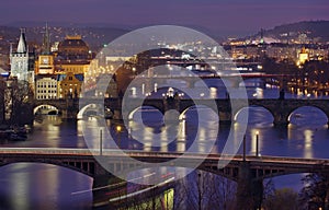 Evening in Prague. Panorama of the city with the Vltava River in the foreground - Czech Republic