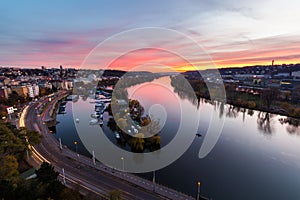 Evening Prague scene over Vltava/Moldau river in Prague taken from the top of Vysehrad castle, Czech Republic