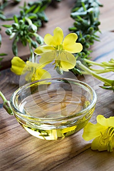 Evening primrose flowers next to a bowl of evening primrose oil