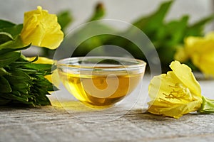 Evening primrose oil with fresh evening primrose flowers