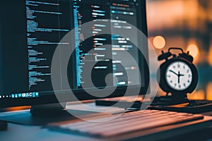 Evening programming session with a computer displaying code and a clock showing the time