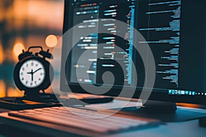 Evening programming session with a computer displaying code and a clock showing the time