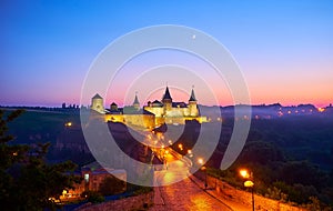 The evening purple sky above Kamianets-Podilskyi Castle, Ukraine