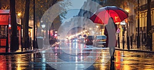 evening rainy city street modern building windows , people silhouette with umbrella