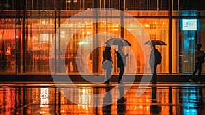 evening rainy city street modern building windows , people silhouette with umbrella