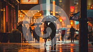 evening rainy city street modern building windows , people silhouette with umbrella