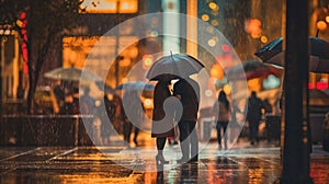 evening rainy city street modern building windows , people silhouette with umbrella