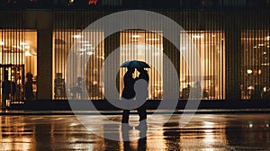 evening rainy city street modern building windows , people silhouette with umbrella