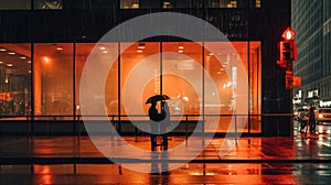 evening rainy city street modern building windows , people silhouette with umbrella