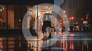 evening rainy city street modern building windows , people silhouette with umbrella