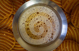 Evening refreshment with tea and biscuits. Tea time with crackers