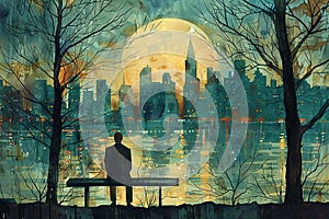 Evening respite on a city bench depicted in an art deco style