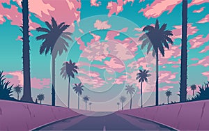 Evening road with palm trees