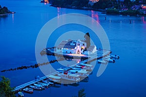 Evening scene of Vlacherna monastery and Pontikonisi island, Kan