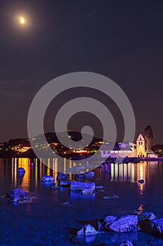 Evening scene of Vlacherna monastery and Pontikonisi island, Kan