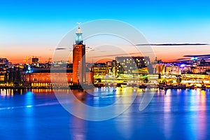 Evening scenery of the City Hall in Stockholm, Sweden