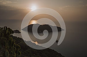 Evening scenery from a high-up viewpoint at Koh Tao Island, Thailand during sunset