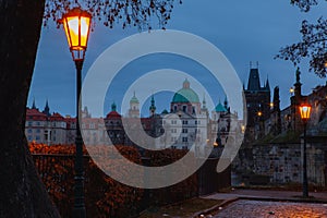 Evening scenery next to Charles bridge, Prague, Czech Republic